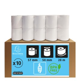 Exacompta 40344E Pack of 10 Thermal Paper Rolls 1-Ply Width 57 mm Length 28 m Core Diameter 12 mm 55 g/m² Thermal Roll for Card Payment (EC Cash Devices)