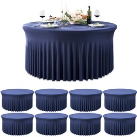 Outpain 8 Pack Navy Blue Spandex Round Tablecloths for 72 inch Table, Stretchy 132inch Fitted 6FT Round Table Cloths, Wrinkle Free Table Cover with Skirt for Wedding Party Dining Banquet