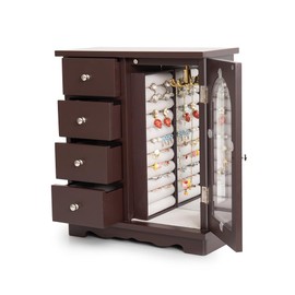 ZGZD Espresso Wooden Jewelry Box with 4 Drawers and Swing Door for Girls, Ideal for Makeup and Accessories Storage and Ring Organization.