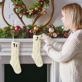 Senneny Knitted Christmas Stockings with Initials, Ivory White Monogram Xmas Stockings Large, Decorations for Family Christmas Holiday Party, Letter D