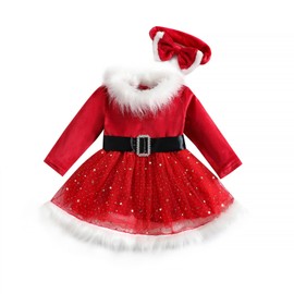 Toddler Baby Girl Christmas Dress Santa Claus Red Princess Long Sleeve Tulle Dress with Headband Outfits (6-12 Months, Red Long Sleeve)