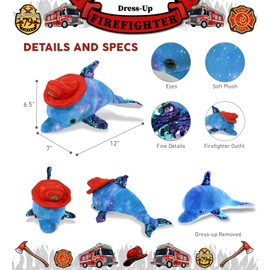 DolliBu Purple Dolphin Firefighter Stuffed Animal with Red Fireman Hat, 14 Inch