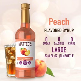 Matteo's Sugar-Free Fruit Syrup, Sweeteners for all types of Beverages- for Pastry, Dessert, Kitchen, Restaurant and Bars, Natural Peach Flavor, Fruity, Juicy Non Alcoholic Syrup (33.8oz - 6pk)
