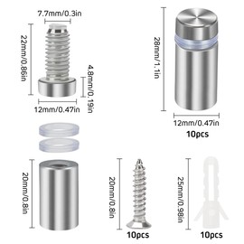 YIXISI 10 Pieces 12 x 25 mm Stainless Steel Advertising Screw Glass Spacer Wall Glass Standoff Holder with Screws for Sign Displays, Silver