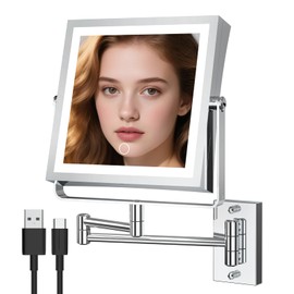Wall Mounted Makeup Mirror with Lights 4000mAh Rechargeable Double Sided 1X/10X Magnifying Lighted Vanity Mirror with 3 Color Lights & Touch Dimmable 360° Rotation Extension Swing Arm for Bathroom