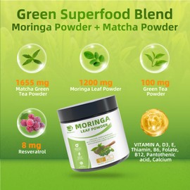 Moringa Powder & Matcha Powder, Multi-Green Superfoods with Green Tea Resveratrol - Energy and Digestive Support, Rich in Antioxidants and Vitamin A D3 E B6 B12 Calcium, Non-GMO, Vegan, 16 oz