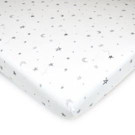 American Baby Company 100% Natural Cotton Fitted Pack and Play Sheet 39" x 27" - Soft & Breathable Pack N Play Sheet for Playpen, Playard & Mini Crib Mattress, Grey Stars and Moons, for Boys & Girls