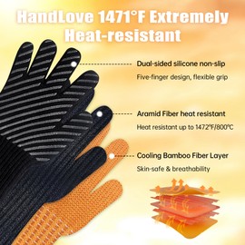 HandLove Aramid Barbecue Gloves, Heat Resistant up to 800°C, Oven Gloves, Oven Gloves, Fireproof Gloves, BBQ Gloves, Cooking Gloves, Baking Gloves, Oven Gloves, Bamboo Lining, Large