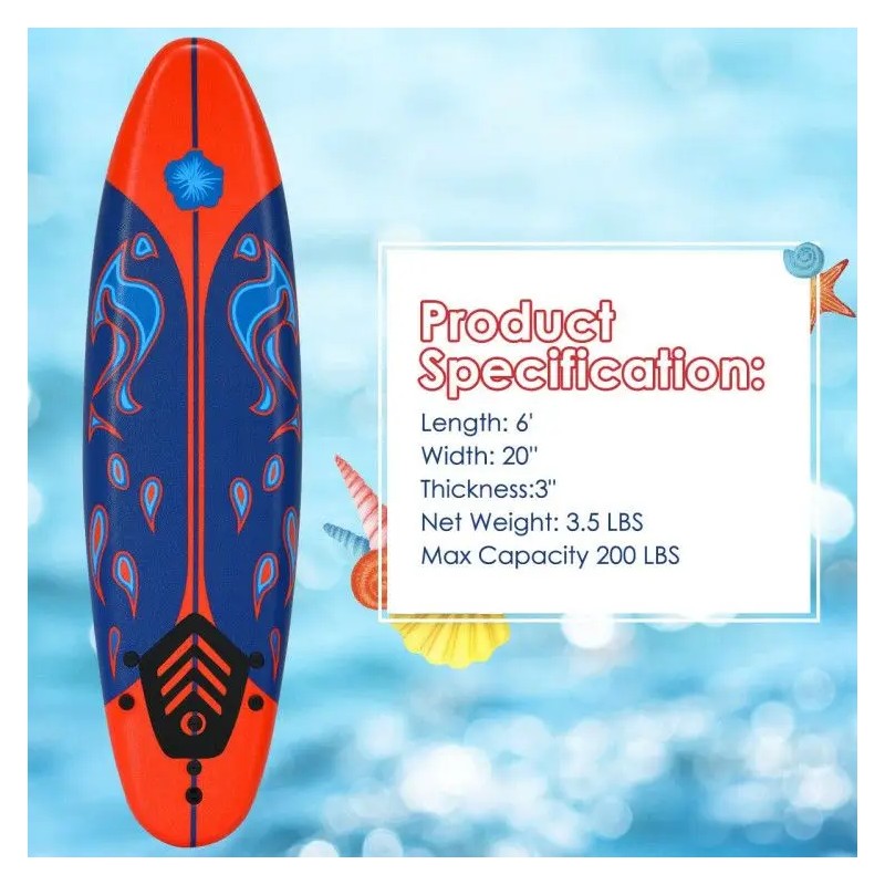 Red 6 Feet Surfboard with 3 Detachable Fins for Surfingcolor: