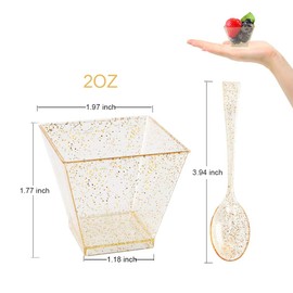 I00000 100 Pack Small Plastic Dessert Cups with Mini Spoons Gold Glitter, Premium Quality, Includes 100 Pieces Small Disposable Square Cups 2 Oz and 100 Pieces Gold Mini Spoons