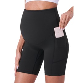 POSHDIVAH Pantalones cortos de maternidad para mujer sobre el vientre, para yoga, embarazo activo, entrenamiento, pantalones cortos con bolsillos, 8 pulgadas, negro (Black 8"), S