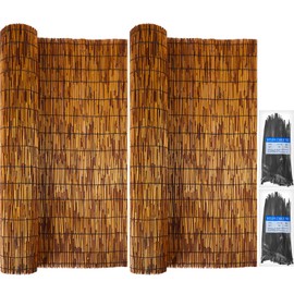 2 Pcs Natural Reed Bamboo Fencing Roll, Bamboo Privacy Screen 3.3 ft x 13.3 ft and 200 Pcs Nylon Black Cable Ties Cord for Garden Balcony Window Indoor Outdoor(Dark Brown)