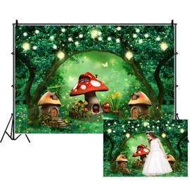 Renaiss 7x5ft Forest Mushroom House Backdrop Enchanted Forest Fairy Tale Jungle Butterfly Wonderland Woodland Fantasy Photography Background for Baby Shower Birthday Party Decor Banner