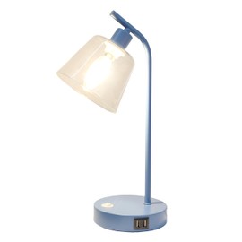 Simple Designs LD1074-BLU 15.75" Sleek Essentials Modern Industrial Metal Desk Lamp with Clear Glass Shade and Dual USB Ports, for Office, Desk, Nightstand, Dorm, Blue