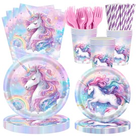 Rainbow Unicorn Birthday Decorations, Unicorn Party Decorations Supplies Include Plates Napkins Cups Forks Straws for 3 4 5 6 7 8 9+ Years Girls, Serve 20