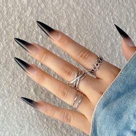 Press On Nails, Extra Long Stiletto Fake Nails, Stick on nails, Glue on Nails on 24PCs (Nude Black Gradient)