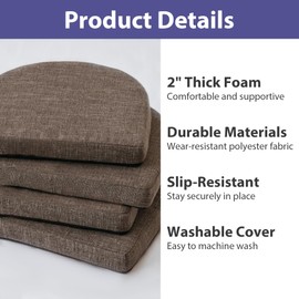 IPYNBAP Chair Cushions for Dining Chairs with Ties and Removable Cover, Dining Kitchen Chair Pads with Non-Slip Bottom, High-Resilience Indoor Seat Cushions, 16'' x 16'' x 2'', Set of 4, Brown