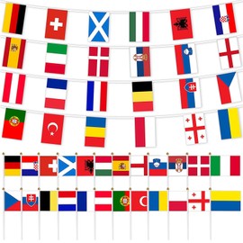 Euro Flag Bunting and Euro Flag Small for Euro Football 2024, 1 Piece 8 m - 14 x 21 cm Flags Bunting + 24 Pieces 14 x 21 cm Hand-Held Flags, 24 Countries Double-Sided Banner Party Decoration