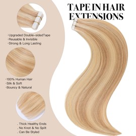 Tape in Hair Extensions Human Hair Bleach and Caramel Blonde Remy Human Hair 14in 50g Seamless Tape in Hair Extensions ，Thick Ends Straight Seamless, Invisible Tape in Hair Extensions Human Hair