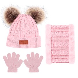 Kids Winter Beanie Hat Scarf Gloves Set 3 in1, 3Pcs Knit Warm Toddler Winter Cap Gloves Neck Warmer for Boys Girls 1-6 Year, Winter Accessories Sets for Children Outdoor Sports (Pink)