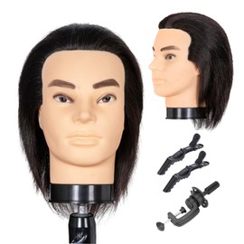 Eumos Mannequin Head, Male Mannequin Head with 100% Human Hair 12'' Barber Mannequin Head Hairdresser Manikin Training Head for Hair Practice Cutting Styling(Black)