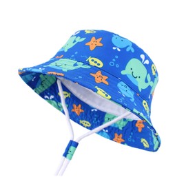LANGZHEN Sun Protection Hat for Kids Toddler Boys Girls Wide Brim Summer Play Hat Cotton Baby Bucket Hat with Chin Strap - Blue - 6-12 Months