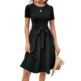 Summer Casual Dresses for Women Elegant Vintage Round Neck Short Sleeve A-Line Business Work Dress with Belt 809 Black L