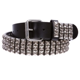 1 1/2" Snap On Three Row Punk Rock Star Metal Studded Cowhide Leather Belt, Black/Silver | 36"