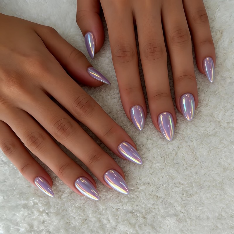 KQueenest Chrome Purple Press On Nails Short Almond Shiny Glitter