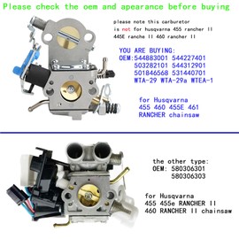 SIMPERAC Carburetor for Husqvarna 455 460 Rancher Chainsaw Parts 461 460 455 E Gas Chainsaw 544883001 WTA-29 WTEA-1 Carburetor