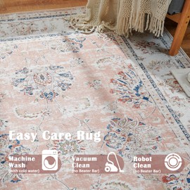 TOPICK Doormat Machine Washable Area Rug 60x90cm Pink Floral Entryway Rug Indoor Vintage Rug Chenille Print Floor Cover Thin Rug Small Rug Lightweight Non Slip Kitchen Bathroom