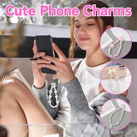 Atarvana 5pcs Pearl Charms With 3pcs Universal Lanyard Tab, Cute Charm Strap Butterfly Heart Bowtie Flower Aesthetic Chain for Phone Keychain Bag Pendants Decor