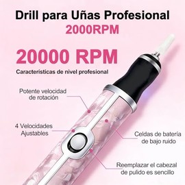 Drill para Uñas Profesional 20000 RPM, Pulidor de Uñas Eléctrica de 500 MAh, Taladro de Uñas con 12 Puntas y 6 Papel de Lija, 4 Velocidades Ajustables