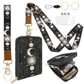 LAOTANGJIA PU Leather Lanyard Wallet with ID Badge Holder with 1 Zip Pocket and 3 Card Slots Keychain Phone Lanyard Wrist Strap, RFID Blocking, for Office School Business-Sun and Moon