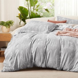 Bedsure Duvet Cover King Size - Reversible Grey King Duvet Cover Set with Zipper Closure, 3 Pieces Botanical Floral Patterned Bedding Set with 8 Corner Ties and 2 Pillow Shams