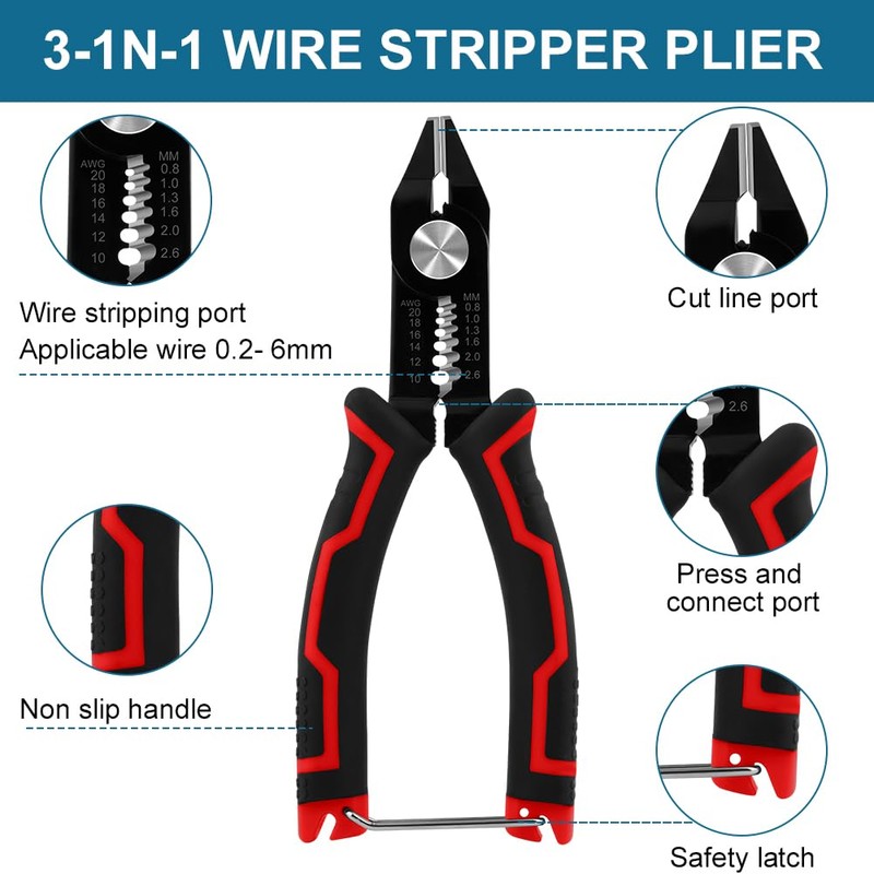 vsshe Wire Stripper and Cutting Pliers, 3-in-1 Wire Stripping Tool