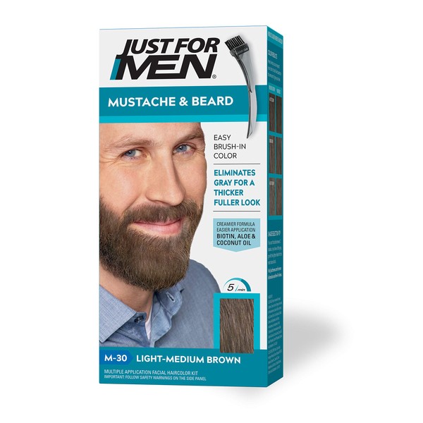 Just For Men Mustache & Beard, Beard Coloring for Gray Hair with Brush Included - Color: Light-Medium Brown, M-30