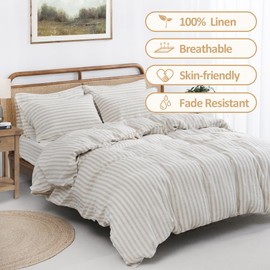S VICTORY SYMBOL 100% Organic Linen Duvet Cover Set,Yarn Dyed Classic Beige Stripe French Natural Flax Bedding Set Queen Size,3pcs Farmhouse Comforter Cover Set