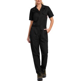 WORK IDEA Women's Short Sleeve Coverall Lightweight Snap-Front Cotton Work Jumpsuit, Black, L