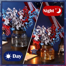 Knitgrip 1 Set Patriotic Artificial Flowers with Glass Vase Red Blue White Baby Breath Decoration 4th of July Rustic Clear Lights Vase for Independence Day Floral Arrangement Table Centerpieces Gifts