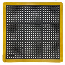 Rhino Mats G-Series Anti-Fatigue Drain Thru Rubber Mat (Grit Surace), 3’ X 3’ X 1/2”, Black Interlocking Restaurant Kitchen Drainage Non-Slip Floor Mat with Yellow Bevel KIT