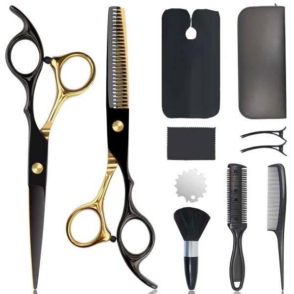 11pcs Hair Scissors Kit, Hair Cutting Scissors Set, Professional Hairdressing Scissors, Salon Stainless Steel Barber Scissors, 2 Tongs, Brush, Comb, Leather Case