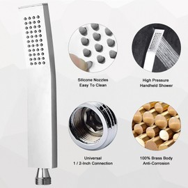 NearMoon Brass Hand Held Shower Head, Luxury High Pressure Shower Kit with Wall Connector and Hose Set, for Bathroom Showering System Contemporary Square Style (Chrome Finish)