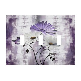 Light Switch Covers Purple Daisy White Floral Butterfly Flowers 3 Gang Wall Plates Triple Toggle Outlet Cover Decorative Switchplates Electrical Panel Cover for Kitchen Living Room 4.8 X 6.7 IN