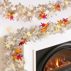 Feivando 2 Pack Fall Garland Decor for Mantle 5.8Ft/Piece Artificial Autumn Maple Leaf Garland with Lights Hanging Vine for Thanksgiving Christmas Home Porch Fireplace Table Indoor Outdoor Decor