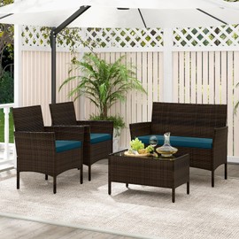 Tangkula 4 Piece Patio Rattan Conversation Set, Outdoor Wicker Furniture Set with Chair, Loveseat & Tempered Glass Table, Cozy Seat Cushions, Outside Sectional Sofa Set for Backyard (1, Peacock Blue)