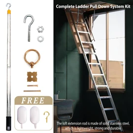 Attic Pull Down Hook Kit - 60 Inch Steel Pole & Hook for Scissor Ladders | Cordless Attic Door Release System with Solid Antique Brass Handle (Silver)