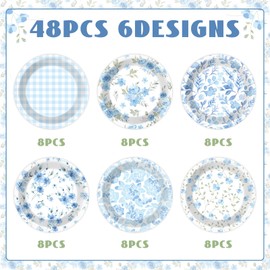 48Pcs Blue Floral Paper Plates Tea Party Decorations Disposable Vintage Flower Party Dinnerware Tableware Set Blue White Party Dinner Plate for Birthday Wedding Baby Shower Party Supplies 7 Inch
