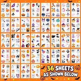 Glow in the Dark Halloween Temporary Tattoos for Kids & Adults, 36 Sheets Cute Party Favor Body Stickers with Ghost, Pumpkin, Bat & Cat Designs for Goodie Bags, Classroom Rewards, Trick-or-Treat and Halloween Party Fun