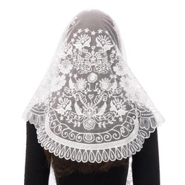Bozidol Women's Triangle Catholic Church Mantilla Veils, Traditional White Camellia Floral Embroidered Chapel Veil, Latin Mass Prayer Lace Head Coverings